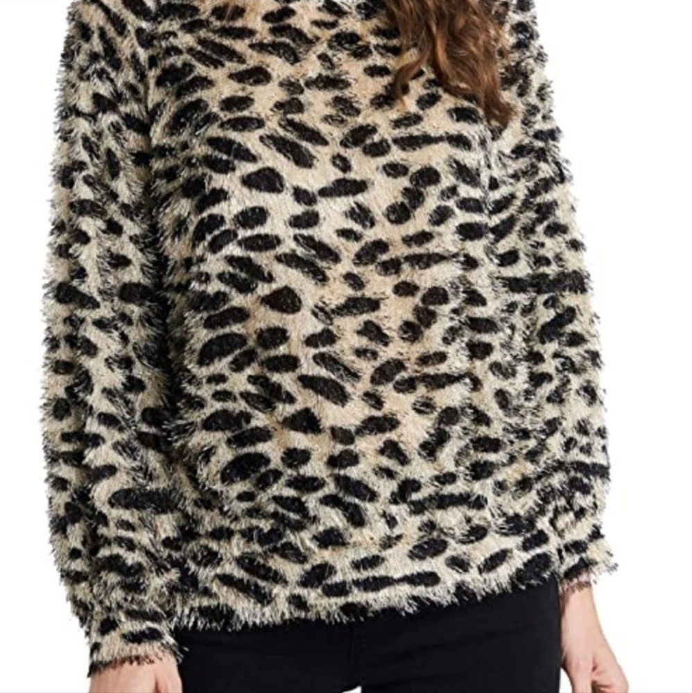 1.State Women's Brown Eyelash Cheetah Print Long Sleeve Sweater Size S
